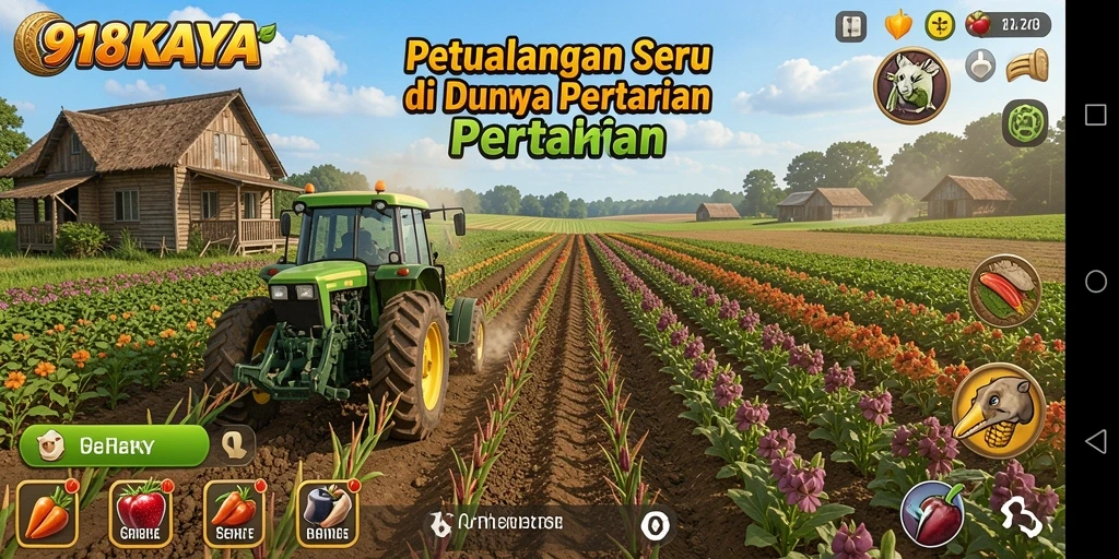 Tampilan permainan <strong>918KAYA</strong> yang menampilkan ladang yang subur dan hewan ternak.