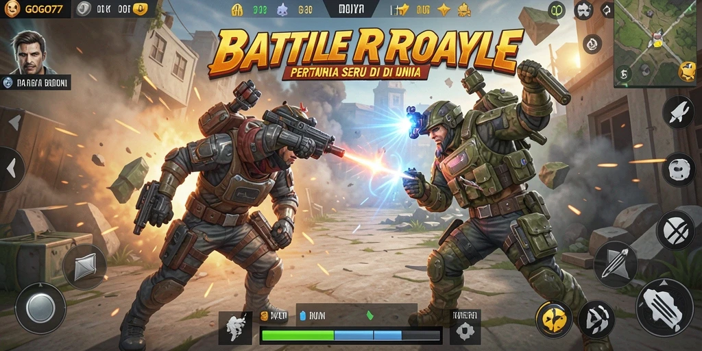 Screenshot gameplay GOGO77 menampilkan pertarungan seru antar pemain di arena Battle Royale.