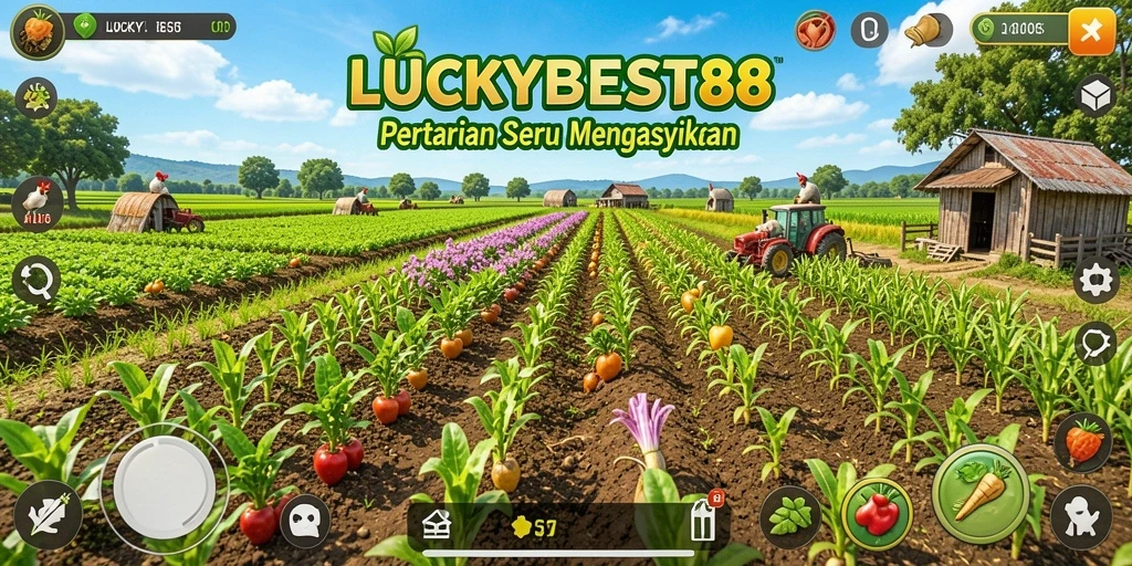 Screenshot gameplay LUCKYBEST88 menampilkan pertanian yang subur dan penuh warna.