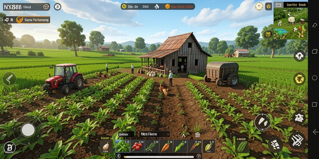 Screenshot gameplay NX888 menampilkan aktivitas bertani yang seru dan interaktif.