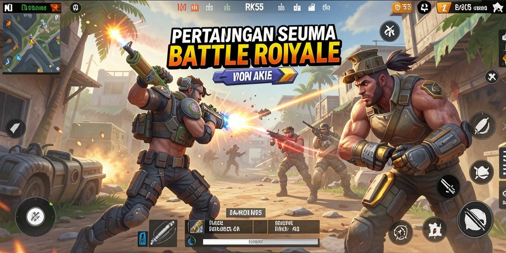 Screenshot gameplay RK55 menampilkan aksi seru dalam pertempuran Battle Royale.