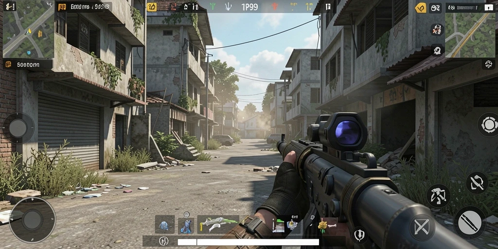 Tampilan gameplay RP99 yang intens dalam suasana pertempuran FPS.