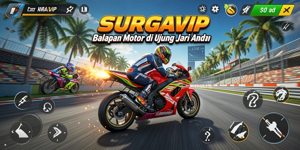Screenshot SURGAVIP menunjukkan aksi balapan motor yang seru.