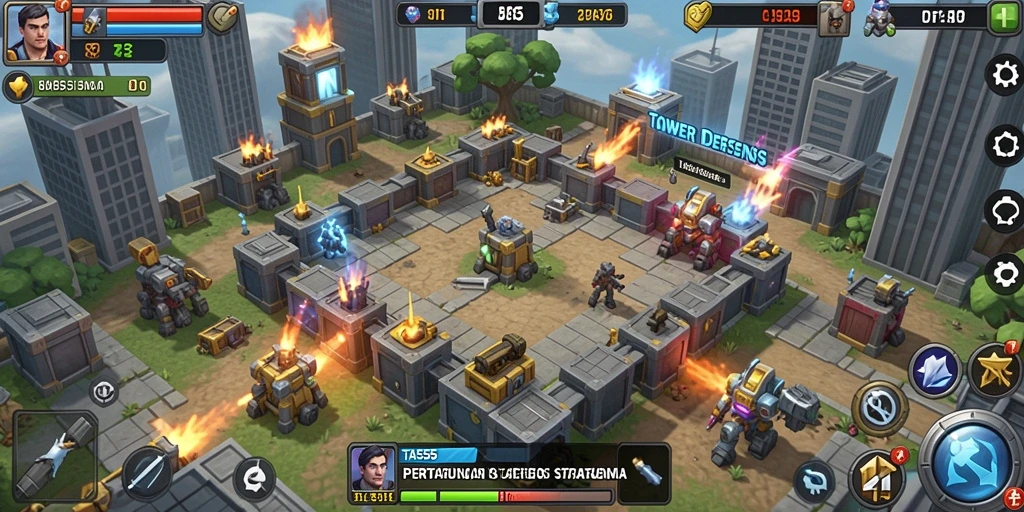 Screenshot TAR555 menampilkan aksi gameplay Tower Defense yang mendebarkan.