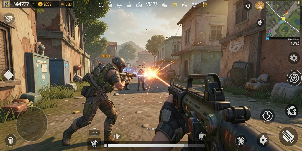 Screenshot menunjukkan pertarungan seru dalam gameplay TPS VM777.